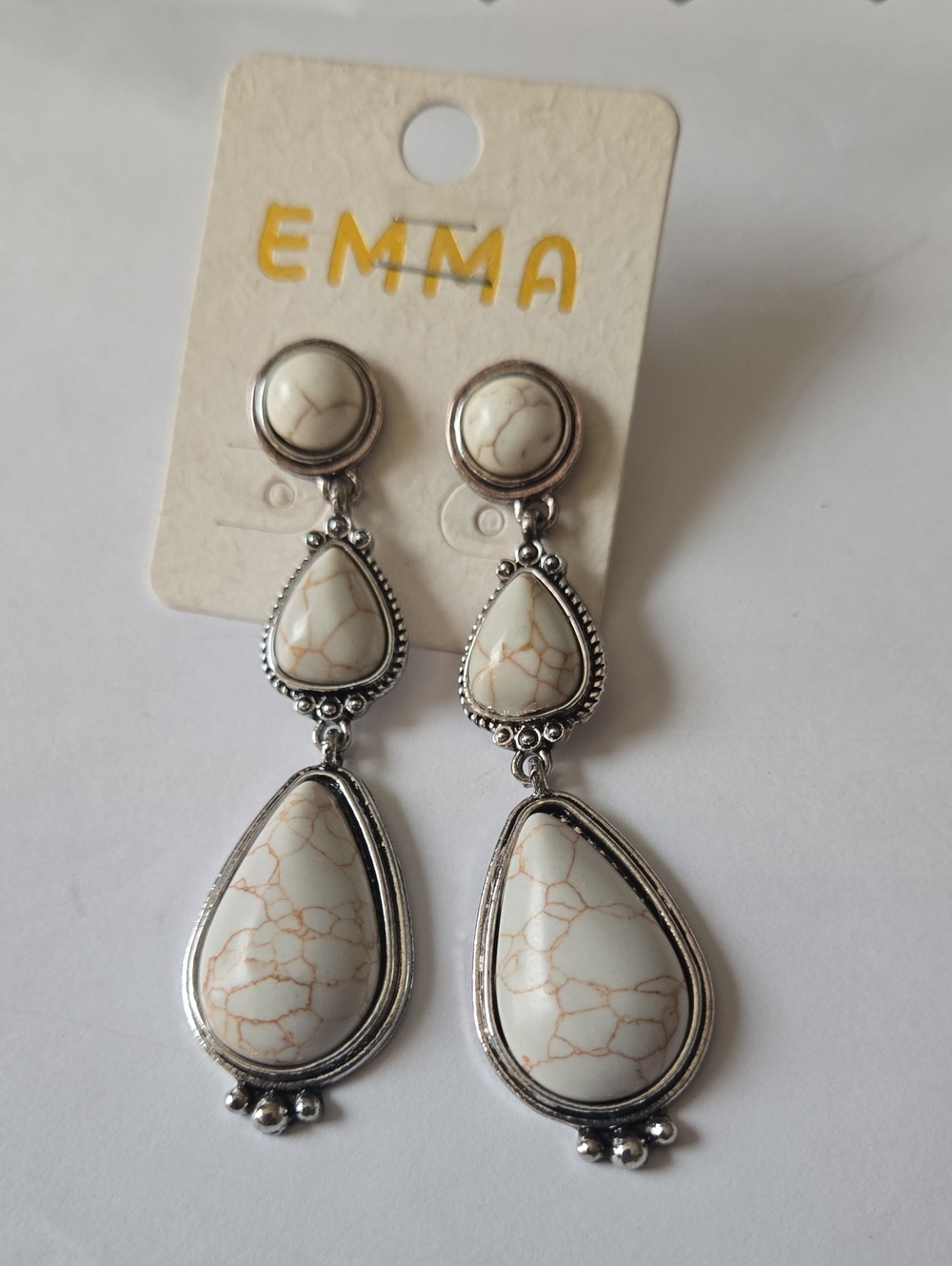 EMMA western White Marble Silver Teardrop Dangle Earrings